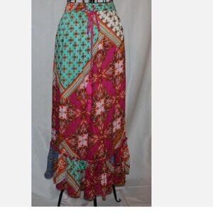 Multicolor Eclectic Print Skirt Ruffled Pom Pom Hem Cotton Blend Lined M NWT